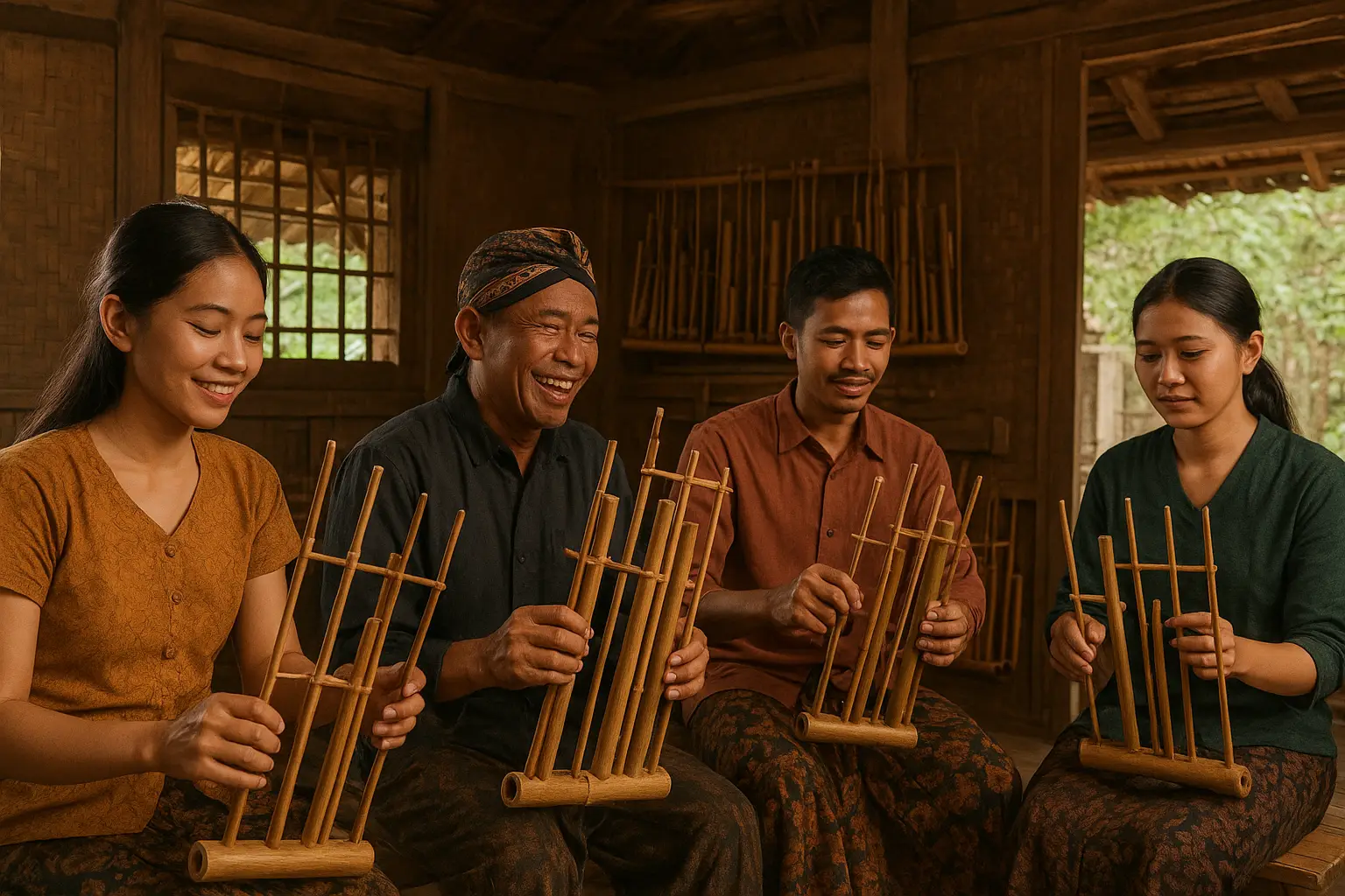 A group of people smiling and playing angklung.