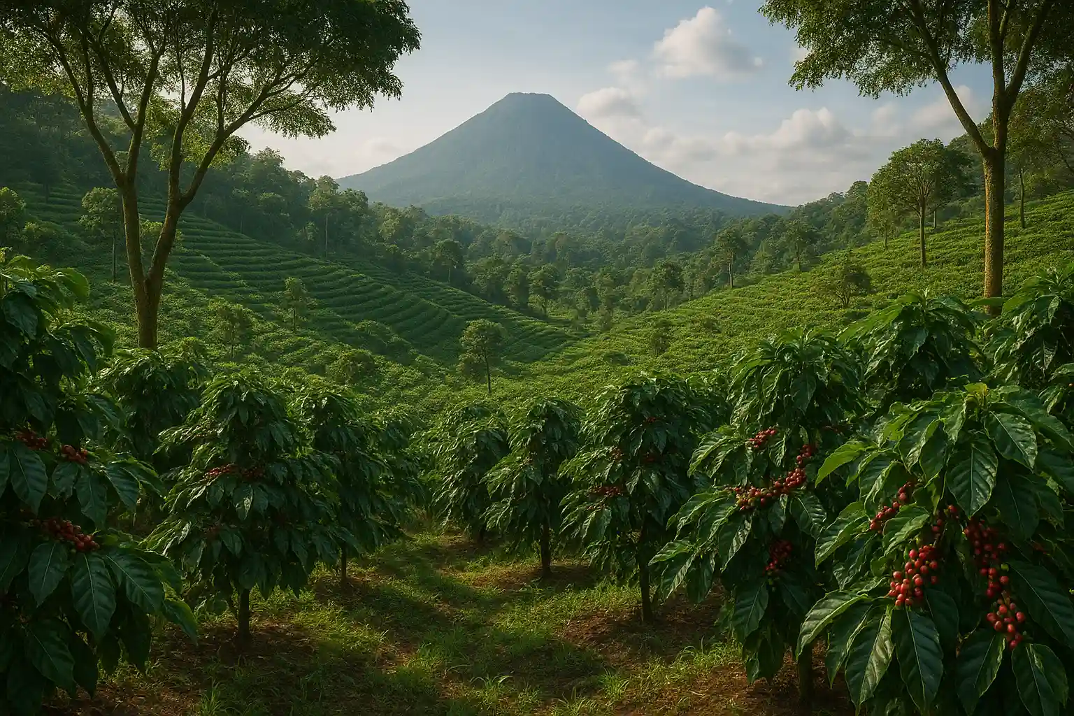 Lush coffee plantation with ripe red coffee cherries growing at the foothills of a mountain.