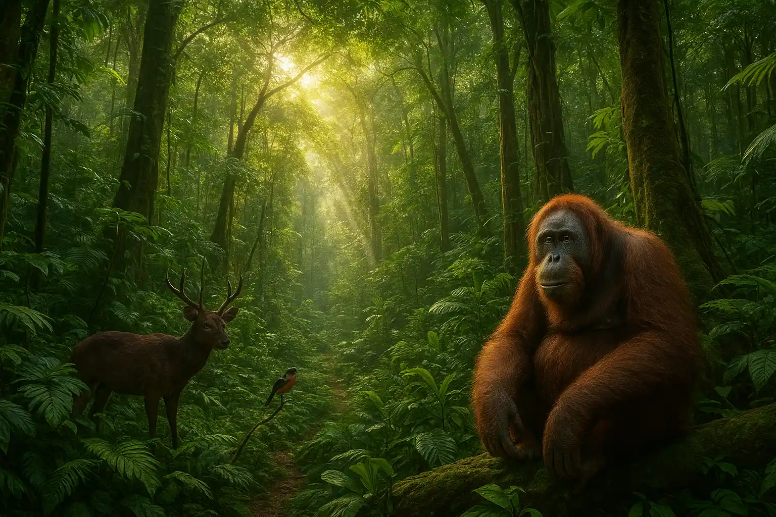 A Sumatran orangutan sitting on a tree in a lush tropical rainforest, with a deer and a bird nearby under sunlight.
