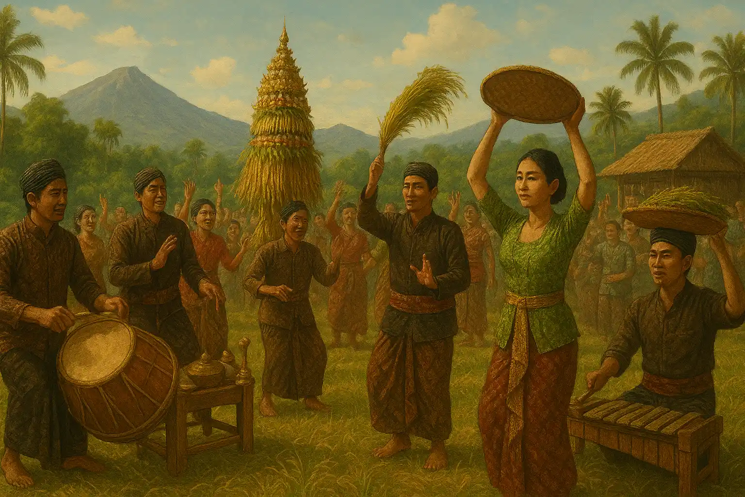 Villagers celebrating a traditional harvest festival with dance, music, and offerings.