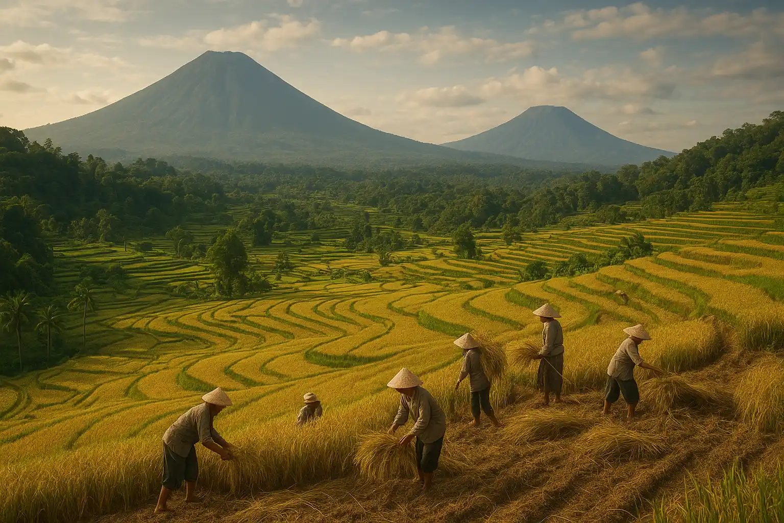 Farmers harvesting rice on terraced fields with mountains in the background.
