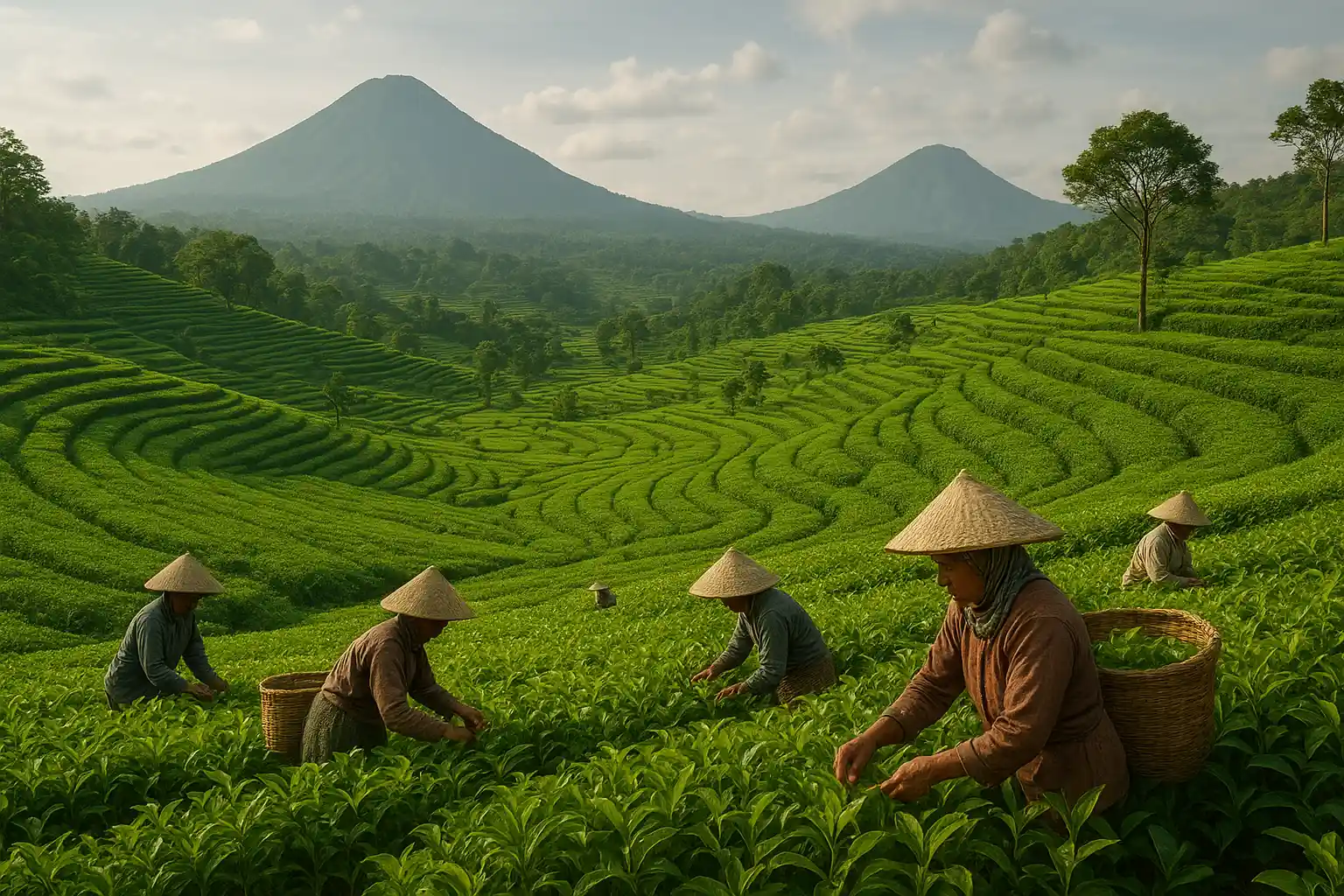 Farmers harvesting tea leaves on lush green terraced plantations with mountains in the background.