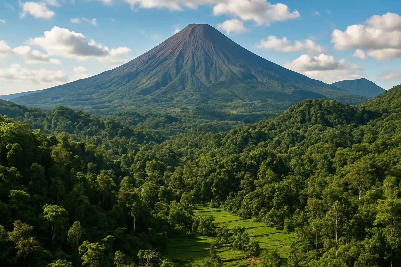 Beautiful view of a volcano surrounded by lush green forest and rice fields under a blue sky with clouds.