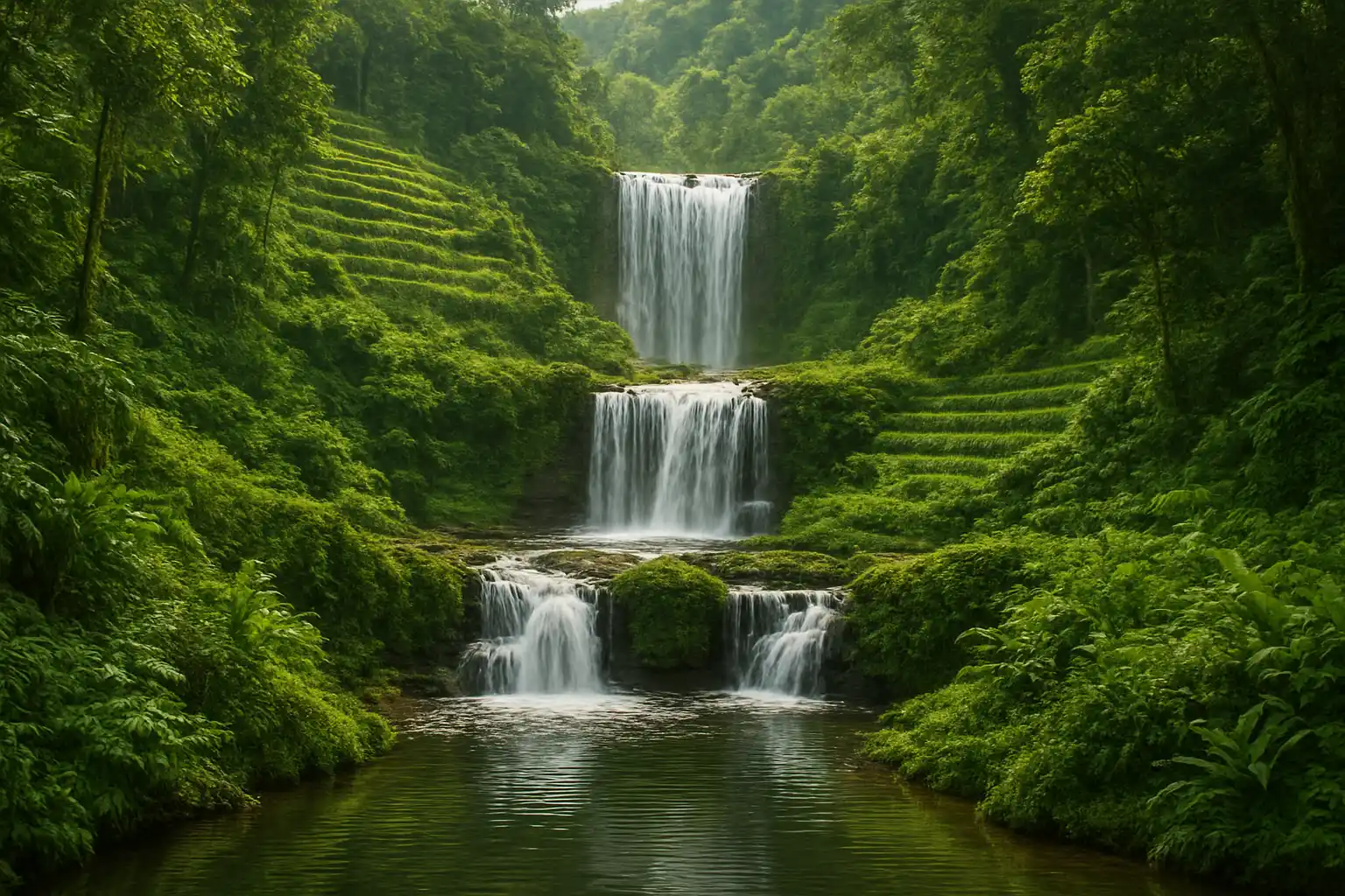 Scenic view of a multi-tiered waterfall surrounded by lush green forest and terraced hills in Indonesia.