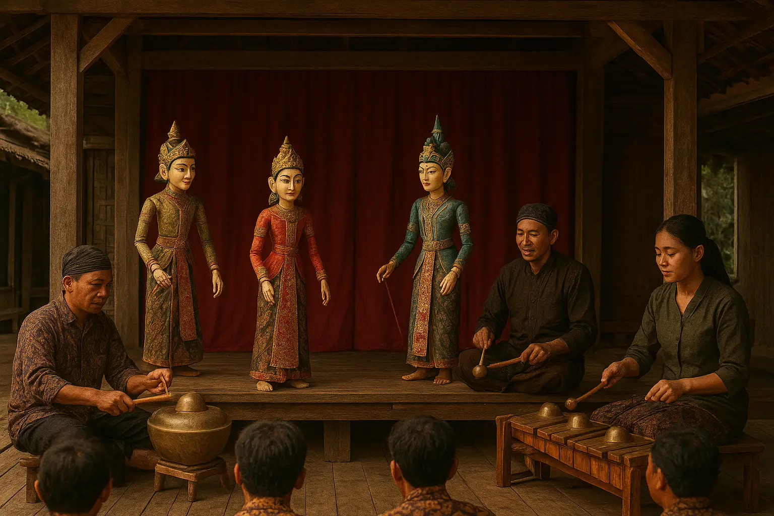 Traditional Indonesian wayang golek puppet performance accompanied by live gamelan music, watched by an audience.